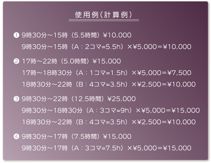 使用例（計算例）①9時30分～15時（5.5時間）￥10,000／9時30分～15時（A：2コマ＝5.5h）✕￥5,000＝￥10,000　②17時～22時（5.0時間）￥15,000／17時～18時30分（A：1コマ＝1.5h）✕￥5,000＝￥7,500／18時30分～22時（B：4コマ＝3.5h）✕￥2,500＝￥10,000　③9時30分～22時（12.5時間）￥25,000／9時30分～18時30分（A：3コマ＝9h）✕￥5,000＝￥15,000／18時30分～22時（B：4コマ＝3.5h）✕￥2,500＝￥10,000　④9時30分～17時（7.5時間）￥15,000／9時30分～17時（A：3コマ＝7.5h）✕￥5,000＝￥15,000